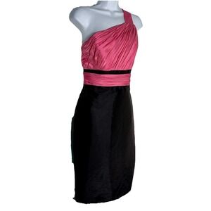 Vintage Jax One Shoulder Ruched Satin Sheath Dress Fuchsia Pink Black Coquette 6